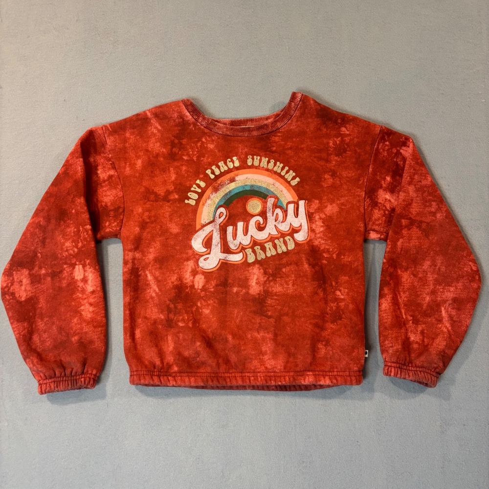 Lucky Brand Girls Red Acid Wash Rainbow Graphic Sweatshirt Size M 8/10